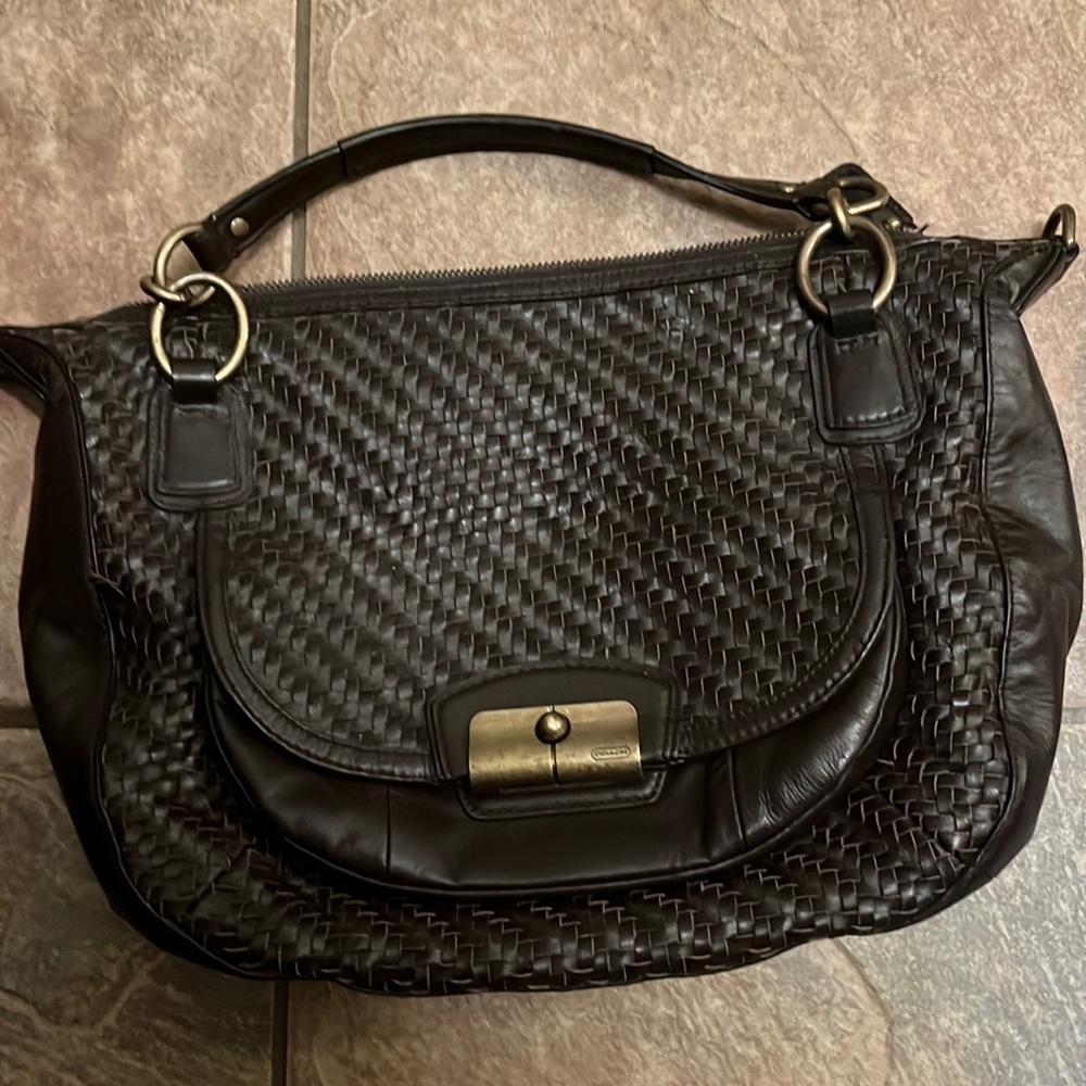 COACH KRISTIN Brown Woven Leather Tote shoulder Purse Bag top handle vintage